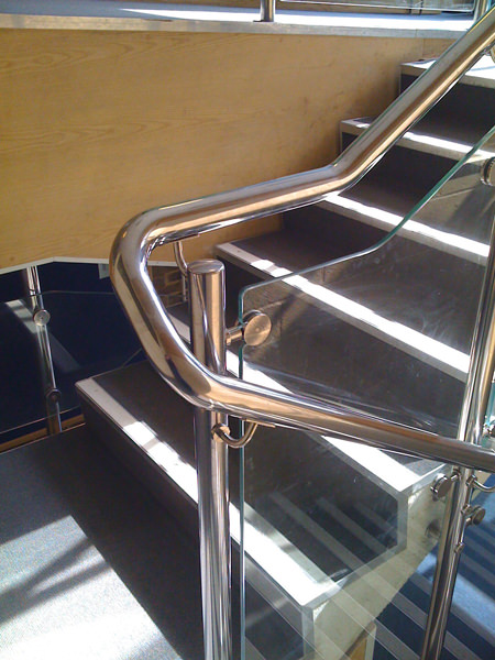 Close up of stainless steel school handrail