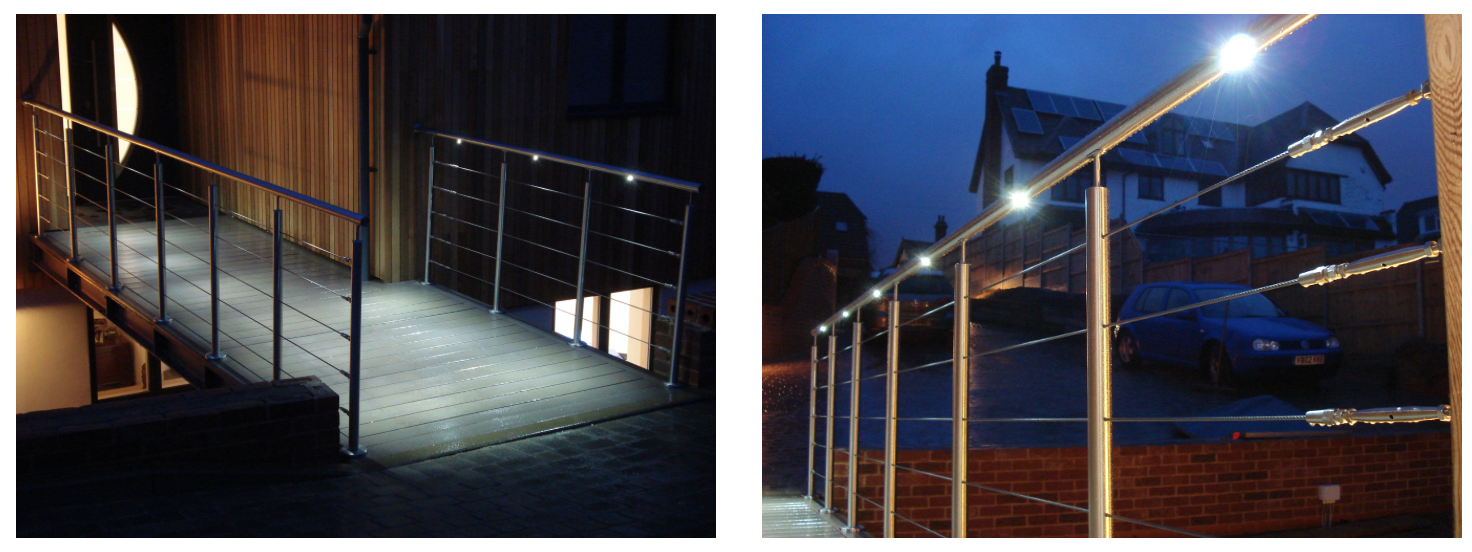 Illuminated handrails at nighttime