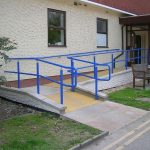 Hospital Entrance with Blue ramp handrail