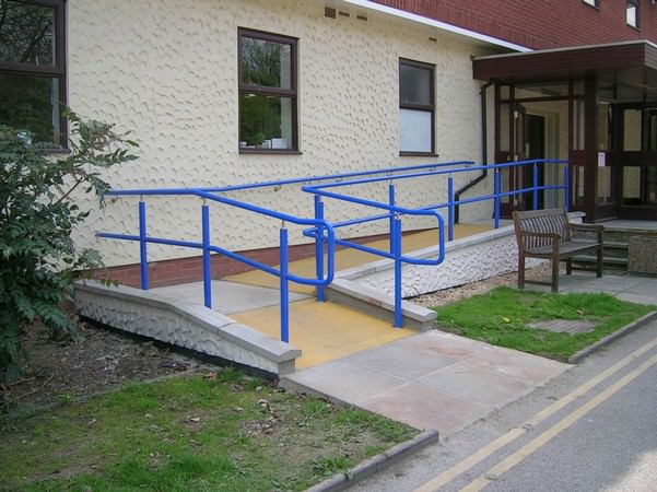 Hospital Entrance with Blue ramp handrail
